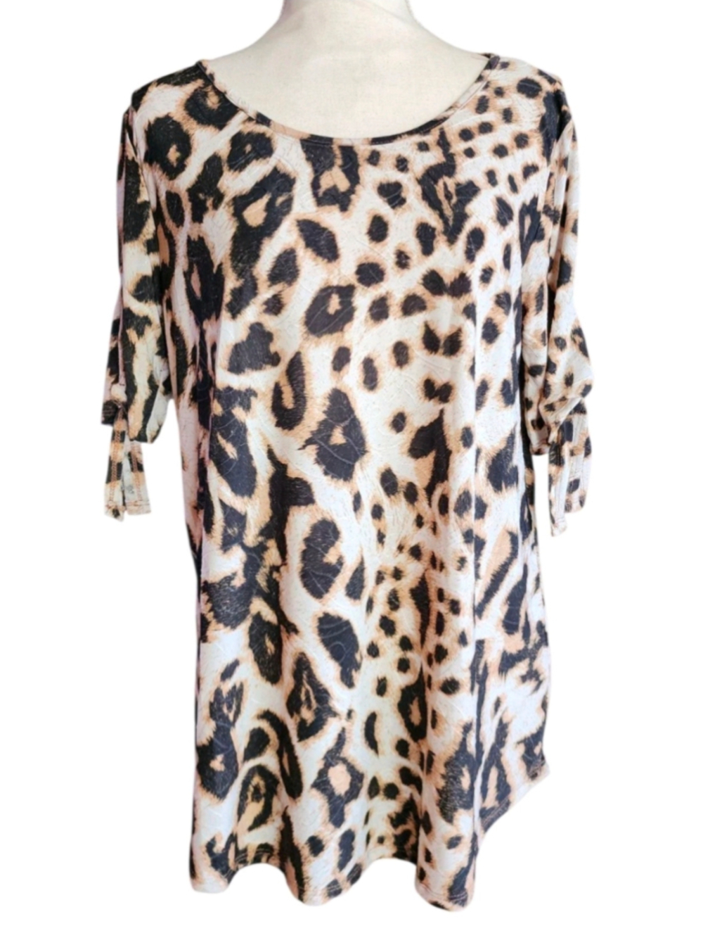 Amana Leopard Tunic Top Women's L 3/4 Tie Sleeve Blouse Animal Print Boho Chic
